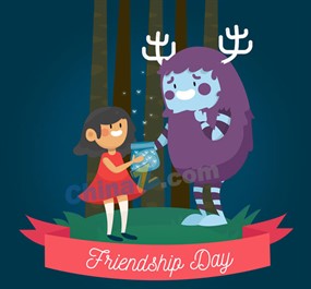 卡通小女孩和怪兽朋友矢量图